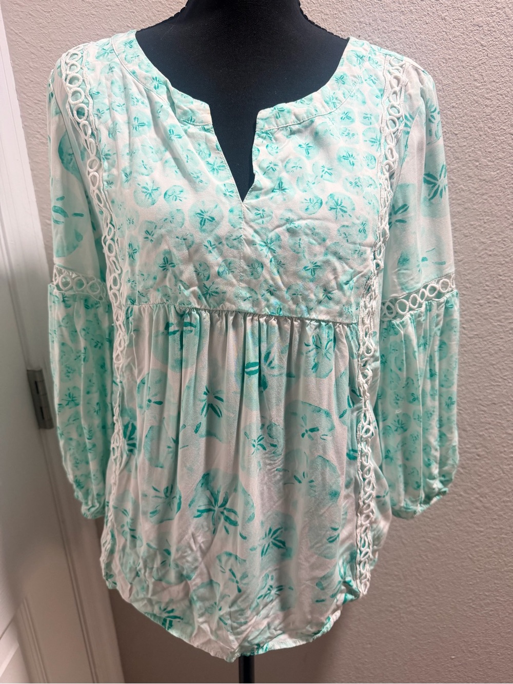 Womens Mint Floral Peasant Blouse - Lightweight Boho Top